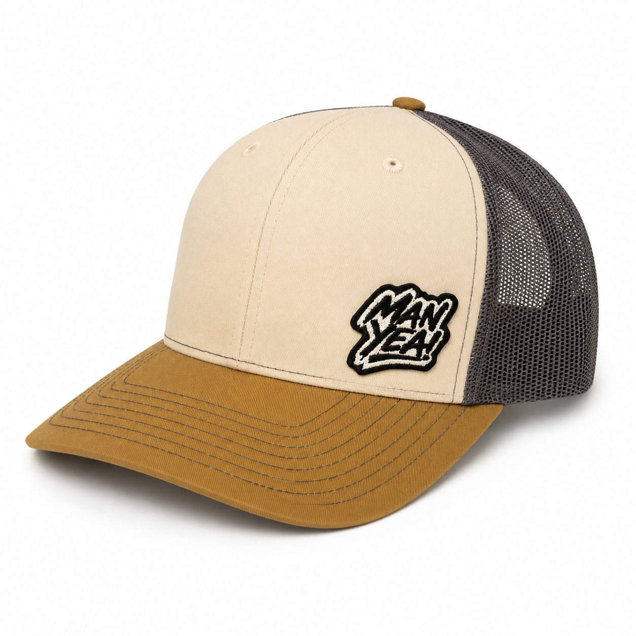 MAN YEA! Logo Richardson 112 Hat (Mink Beige-Charcoal-Amber Gold)